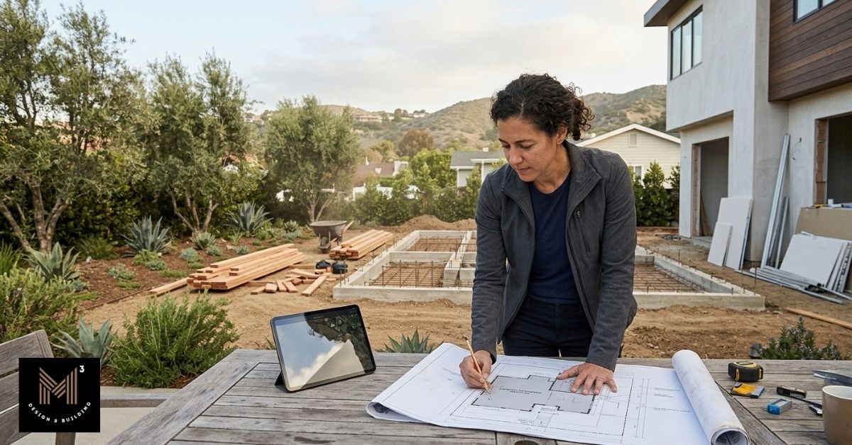 Architect reviewing detached ADU plans at a Pacific Palisades residential construction site during the wildfire rebuilding process.