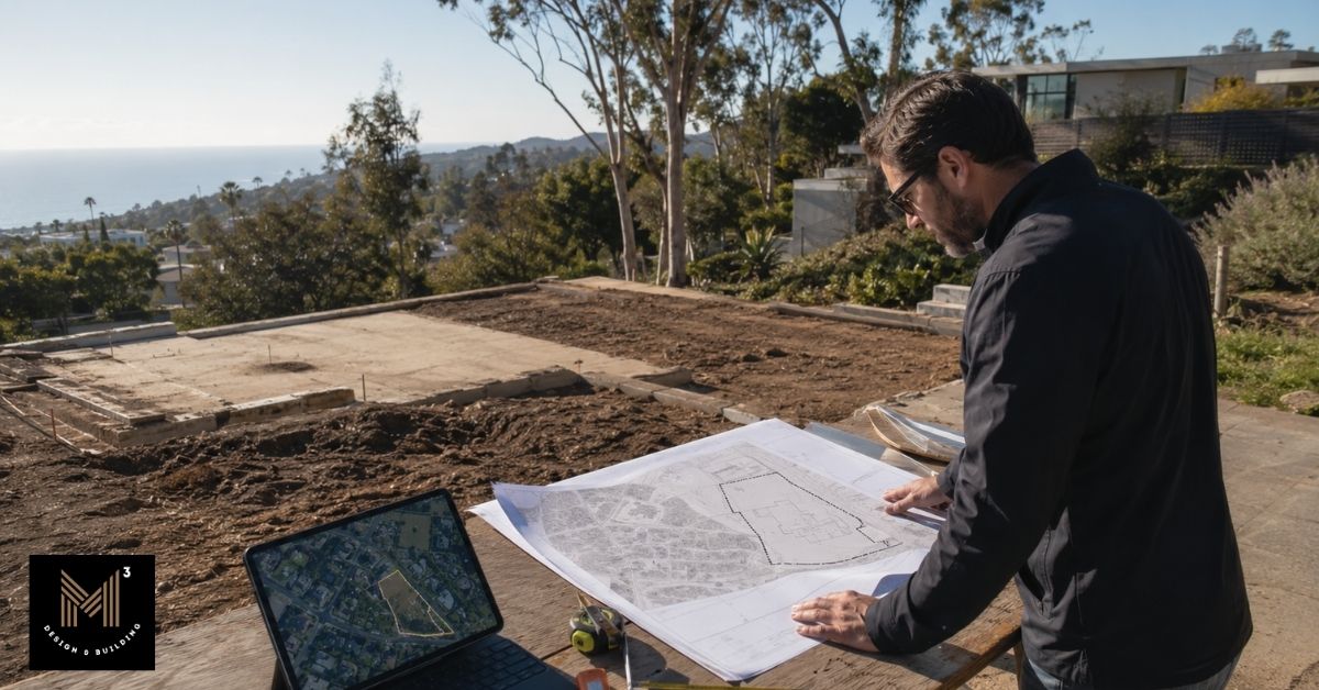 Architect reviewing site plans and lot conditions on a cleared Pacific Palisades property during the ADU permitting and fire-rebuild planning process.