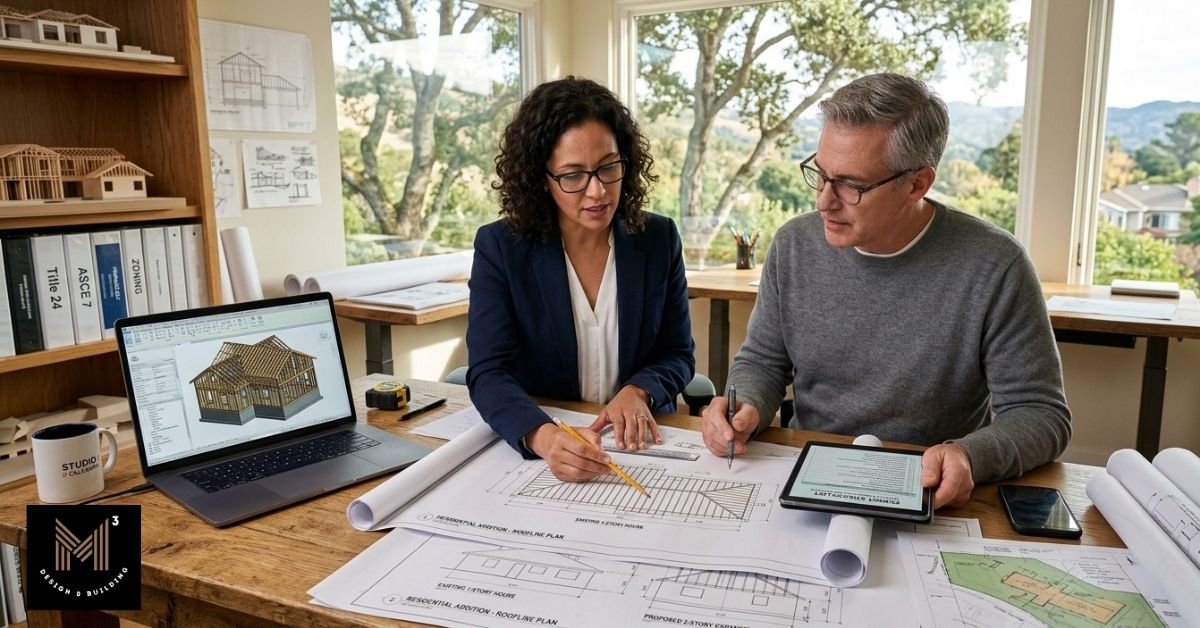 An architect and a client reviewing second-story addition blueprints on a wooden desk with 3D modeling software on a laptop in an office.