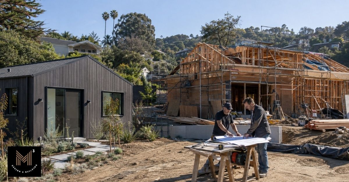 Completed detached ADU beside a primary residence under active reconstruction in Pacific Palisades, illustrating the timeline for completing the main house.
