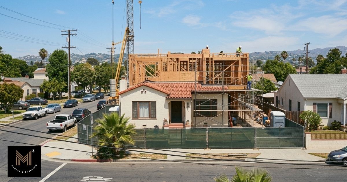 Construction workers and a crane framing a second-story addition on a single-story residential home.