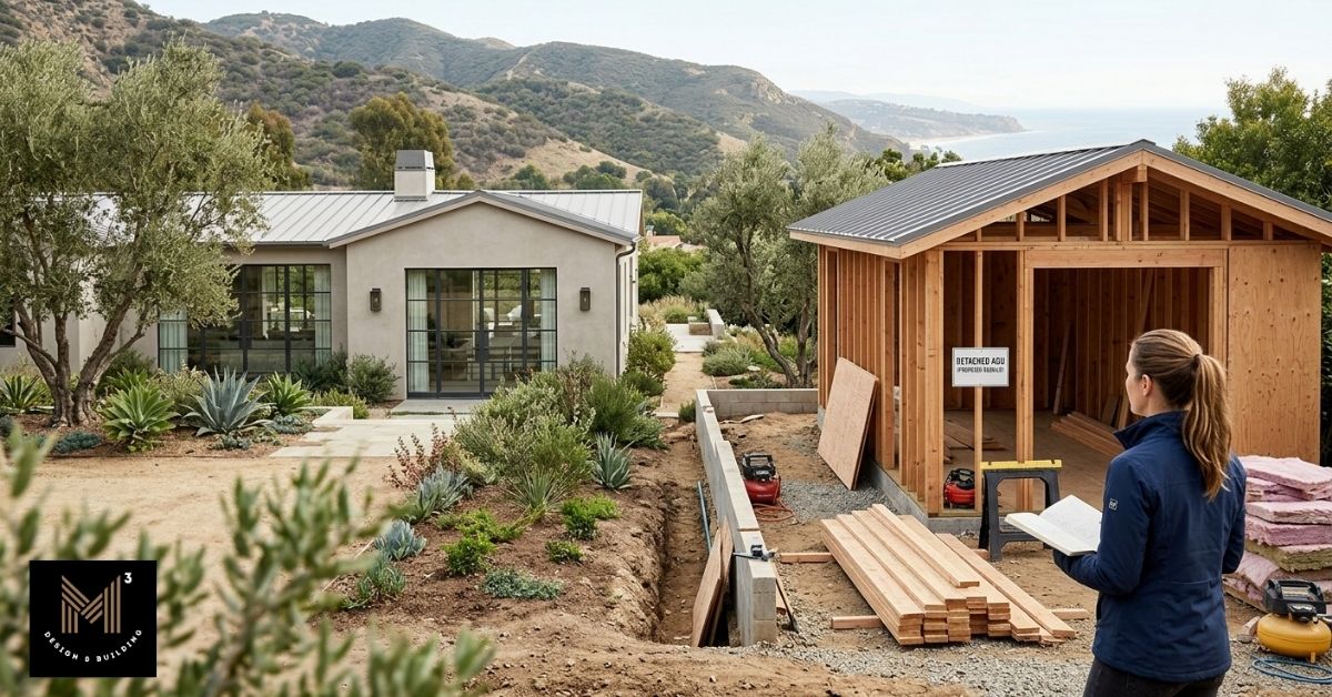 Detached ADU under construction beside a rebuilt Pacific Palisades home, illustrating ADUs exempt from the 110% height and footprint limits.