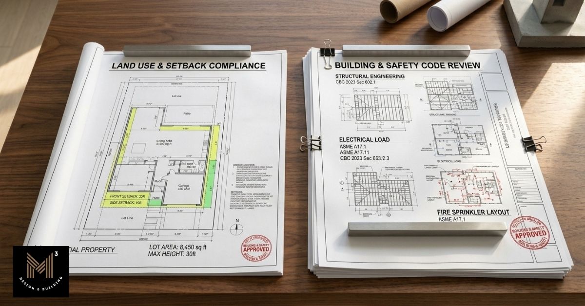 Two document sets on a desk comparing Land Use & Setback Compliance plans with Building & Safety Code Review structural engineering blueprints.